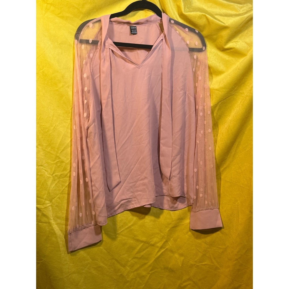 Shein Pink Swiss Dot Sheer Mesh Sleeve Tie Neck Blouse XL Womens Top